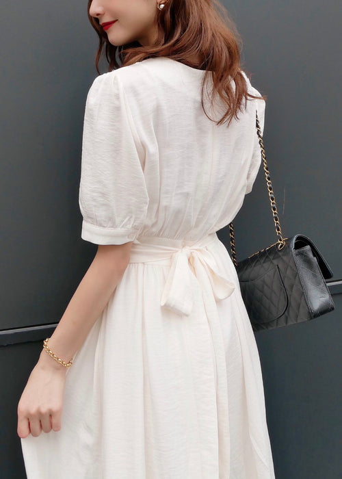 Back ribbon puff sleeve one-piece