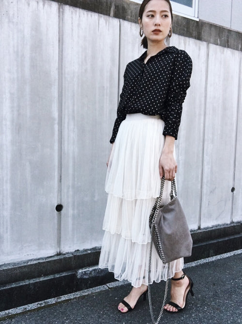 Mesh tiered skirt [WHITE/PINKBEIGE]