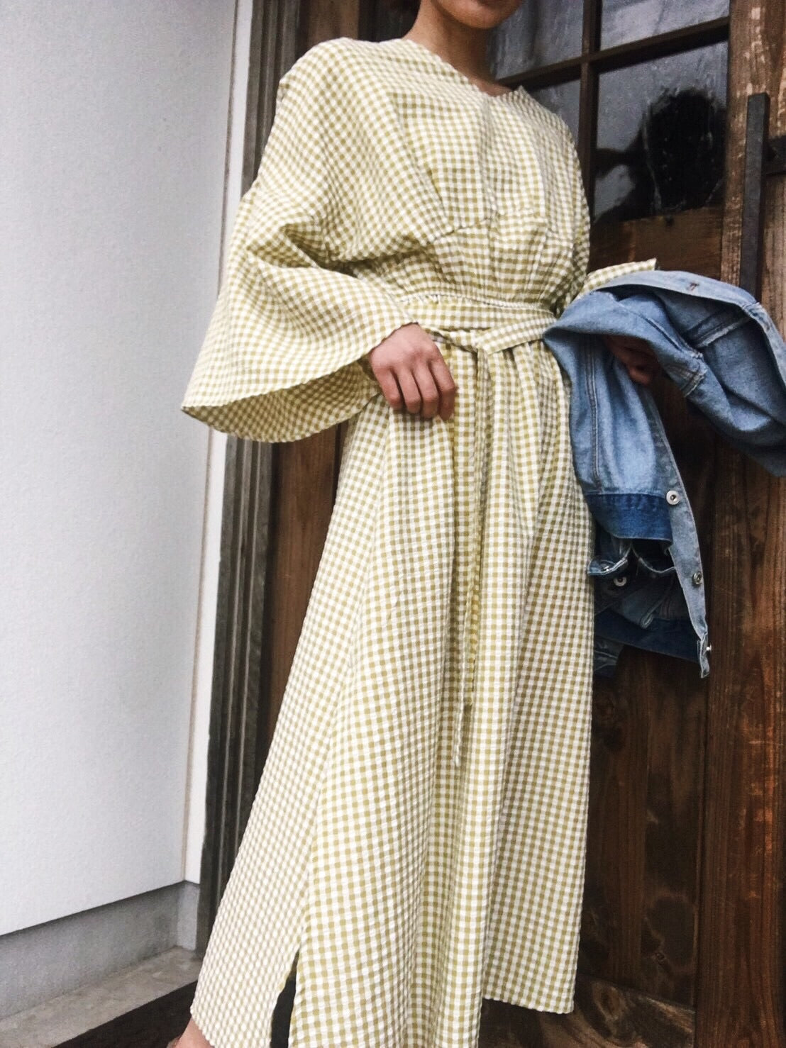 Gingham check long one-piece [YELLOW/BLACK]