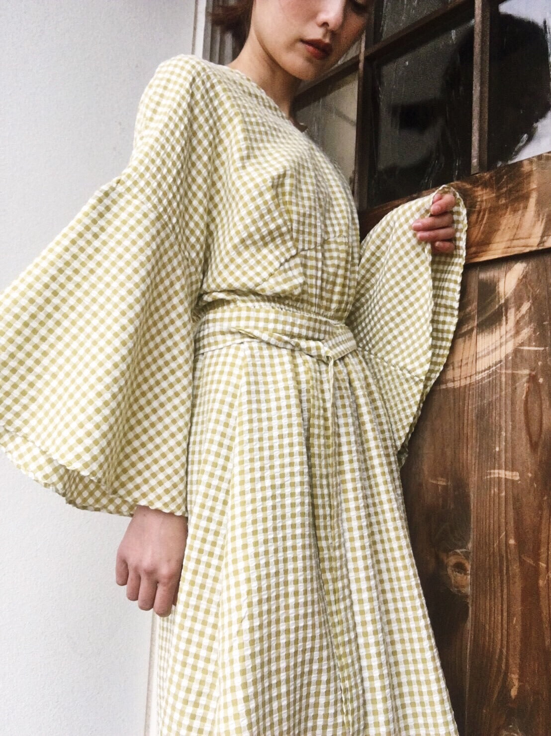 Gingham check long one-piece [YELLOW/BLACK]