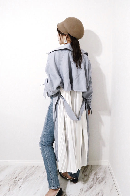 Back pleats trench coat [BLUE/BEIGE]